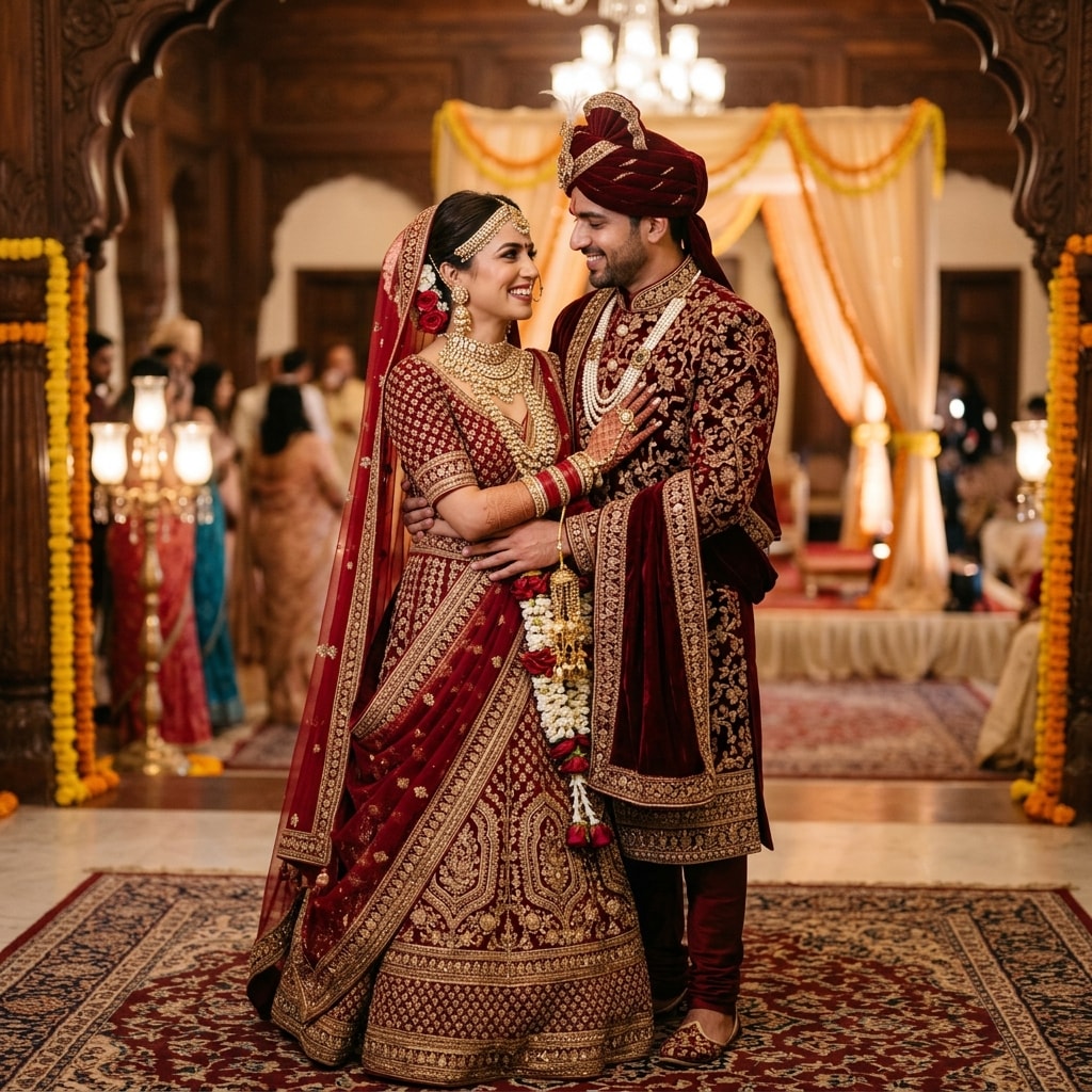 Bridal couple in rich traditional maroon attire