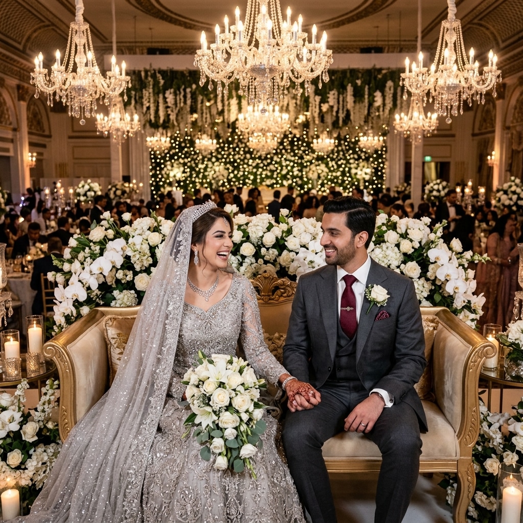 Elegant couple embracing in silver tones